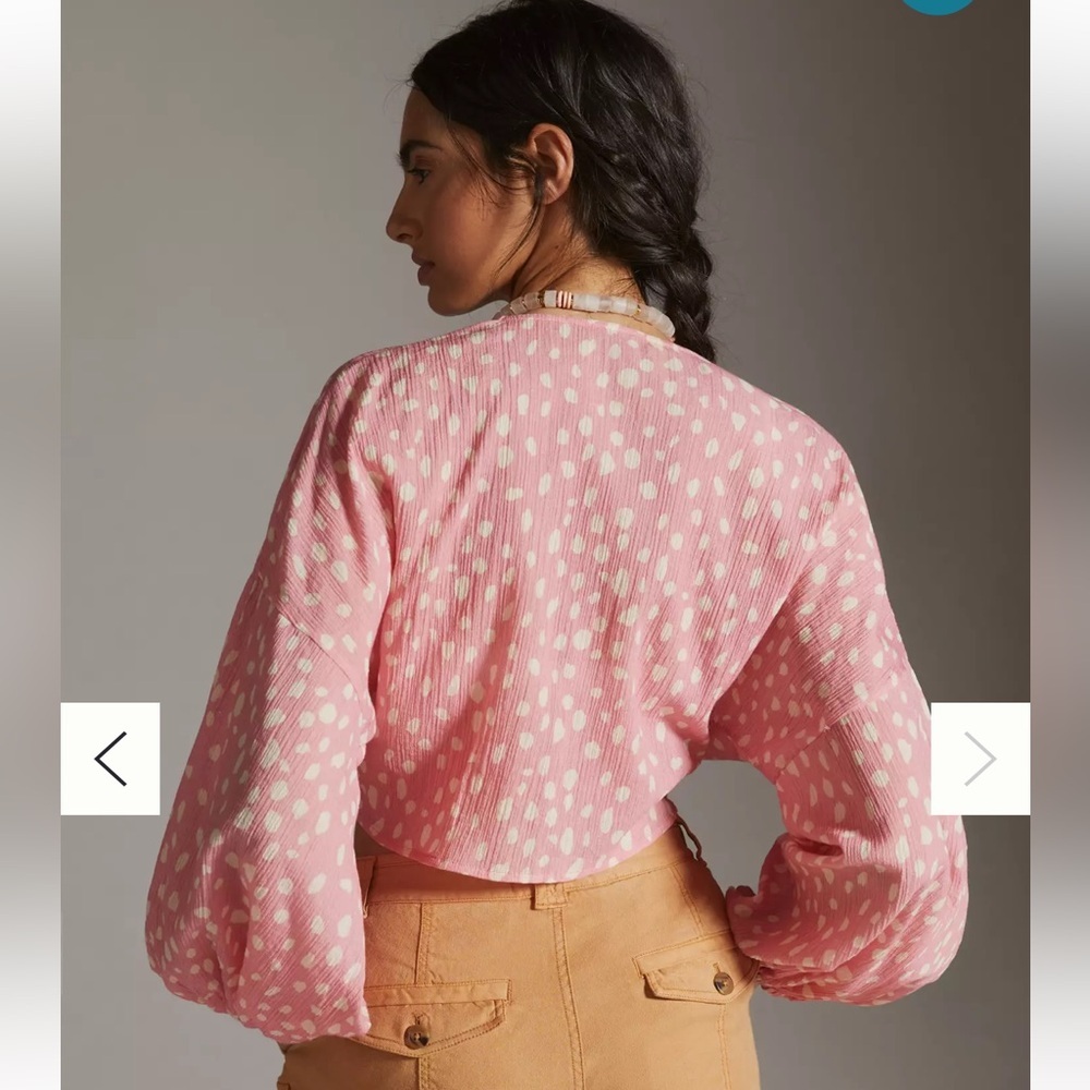 Anthropologie Pink Polka Dot Tie-Front Blouse - Picture 3 of 15